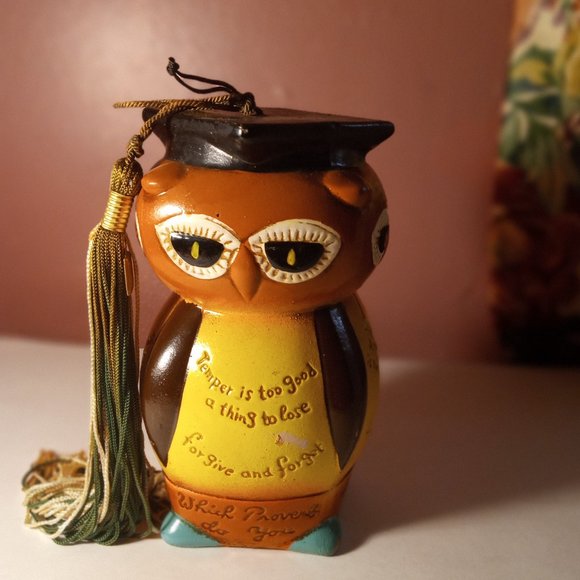 VINTAGE COLORFUL WOODEN WISE OLD GRADUATION OWL WITH MANY SAYINGS MADE IN JAPAN - Picture 3 of 8